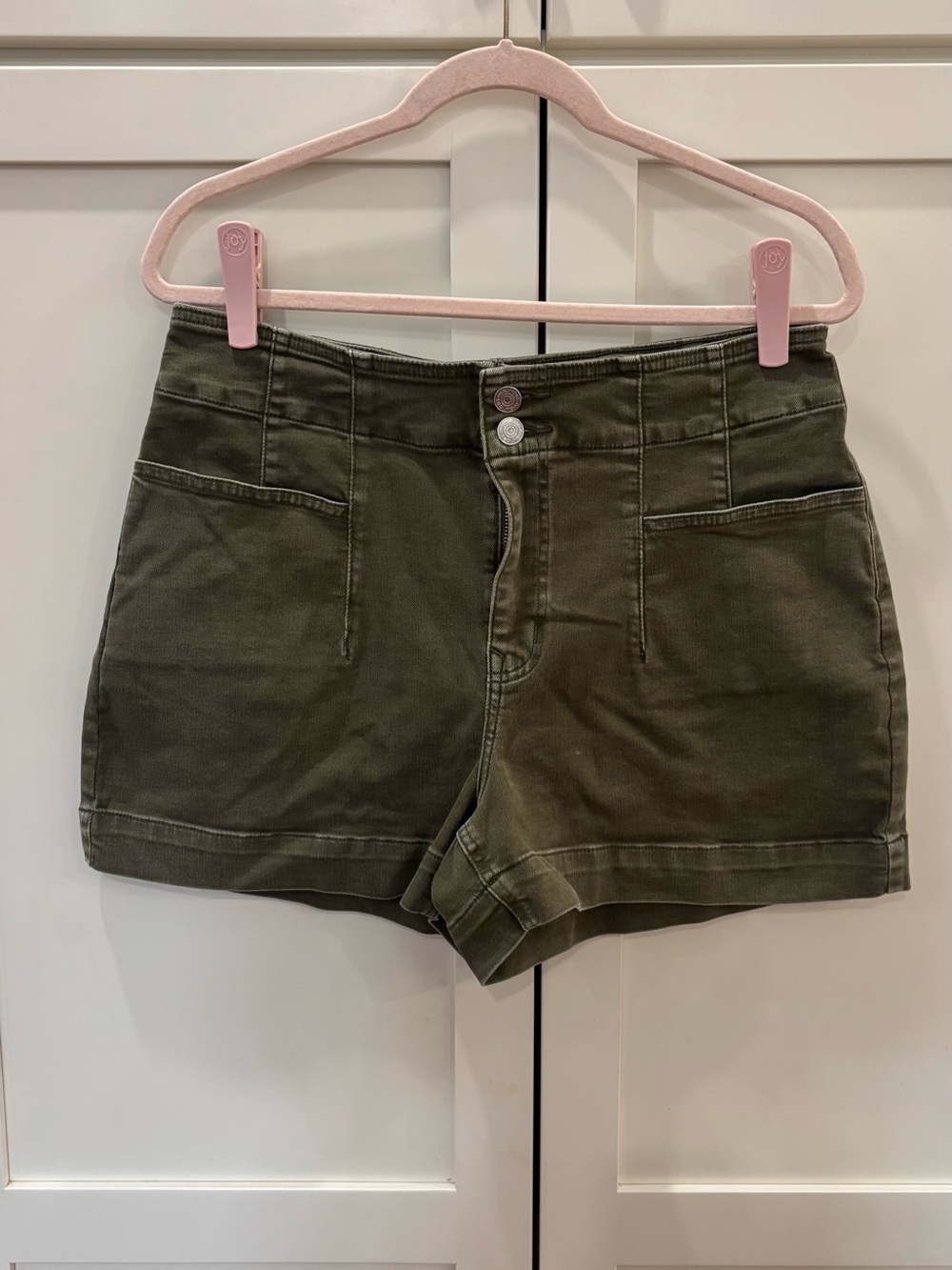High-Rise Olive Green Jean Shorts with Front Patch Pockets